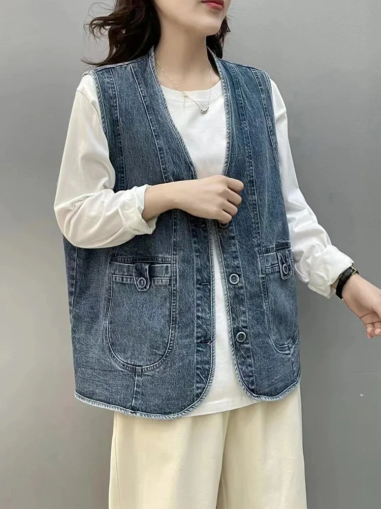 AmaxluluE 2025 Summer Womens Fashion Denim Vests Ladies Korean Casual Loose V Neck Sleeveless Clothes Classic Vintage Waistcoats