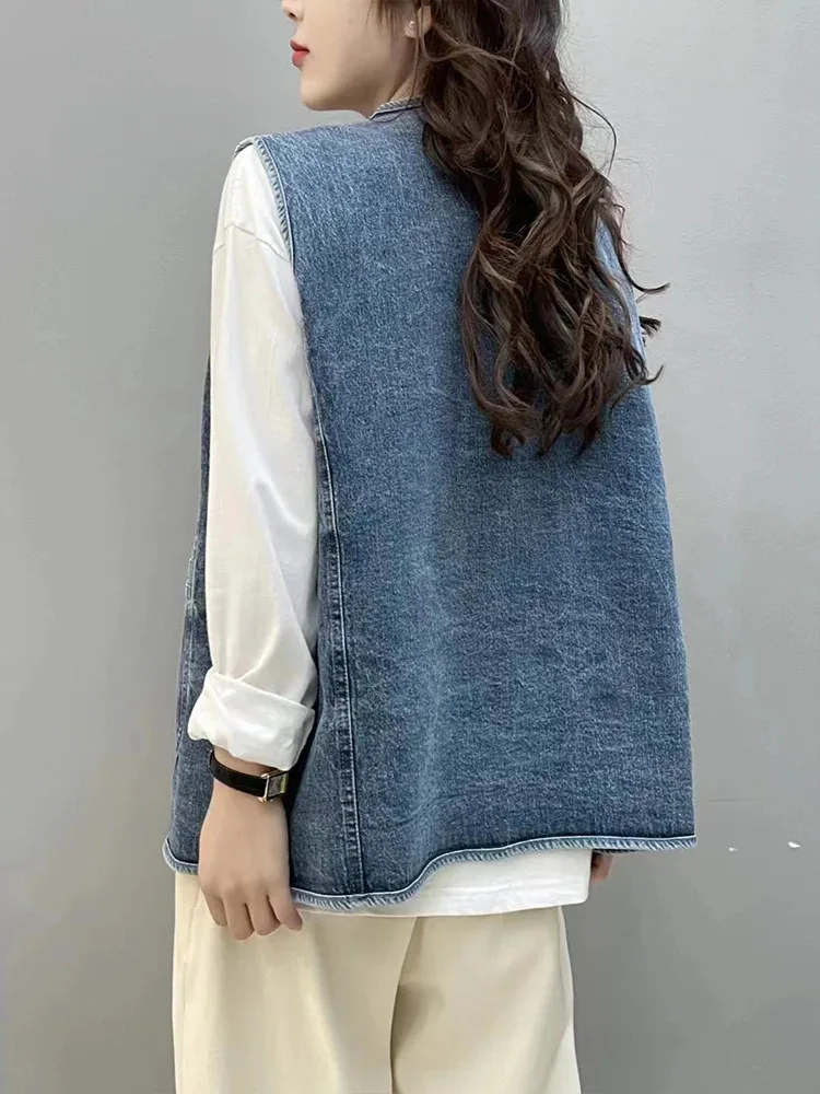 AmaxluluE 2025 Summer Womens Fashion Denim Vests Ladies Korean Casual Loose V Neck Sleeveless Clothes Classic Vintage Waistcoats