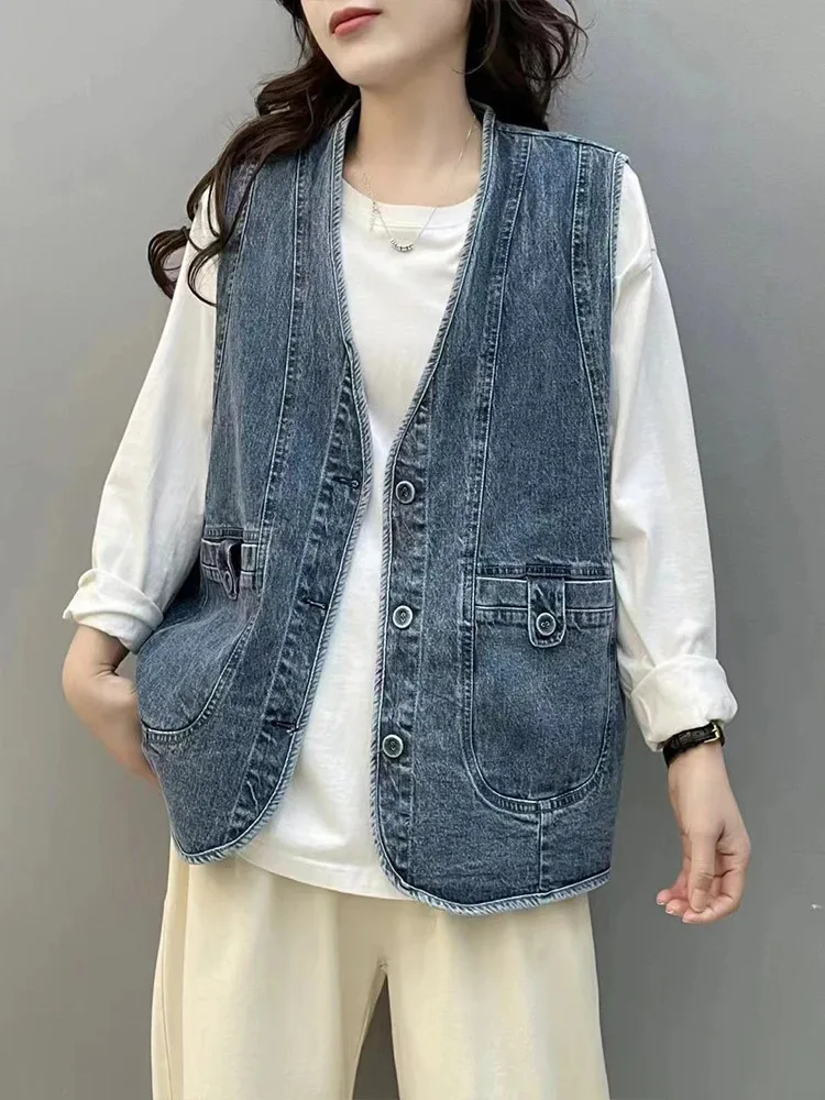 AmaxluluE 2025 Summer Womens Fashion Denim Vests Ladies Korean Casual Loose V Neck Sleeveless Clothes Classic Vintage Waistcoats
