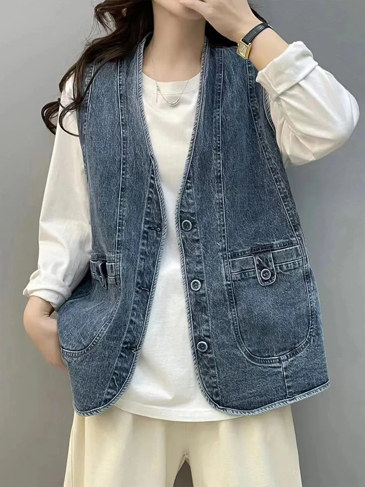 AmaxluluE 2025 Summer Womens Fashion Denim Vests Ladies Korean Casual Loose V Neck Sleeveless Clothes Classic Vintage Waistcoats