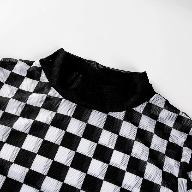 Sexy black white plaid checkerboard t-shirts for women Hollow out slim top female t-shirt long sleeve tee shirts