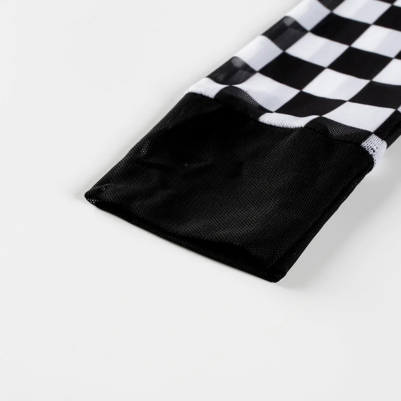Sexy black white plaid checkerboard t-shirts for women Hollow out slim top female t-shirt long sleeve tee shirts