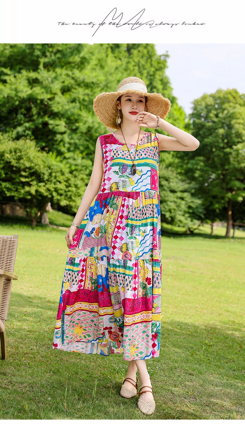 New Fashion Boho Long Dress for Women O-Neck Sleeveless Print Large Beach Long Dress Elegant Women's Dress 2024