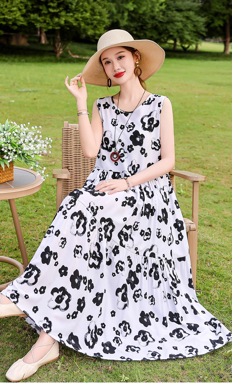 New Fashion Boho Long Dress for Women O-Neck Sleeveless Print Large Beach Long Dress Elegant Women's Dress 2024