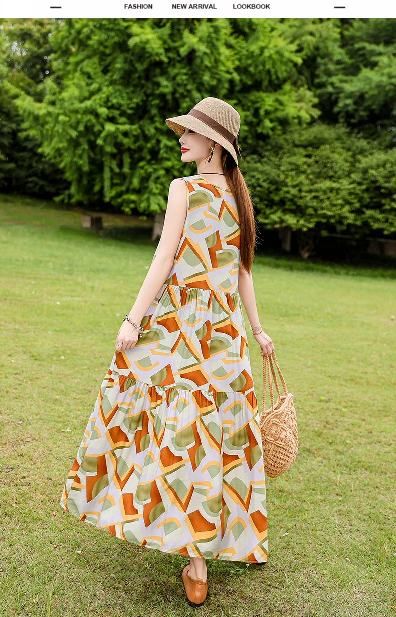New Fashion Boho Long Dress for Women O-Neck Sleeveless Print Large Beach Long Dress Elegant Women's Dress 2024