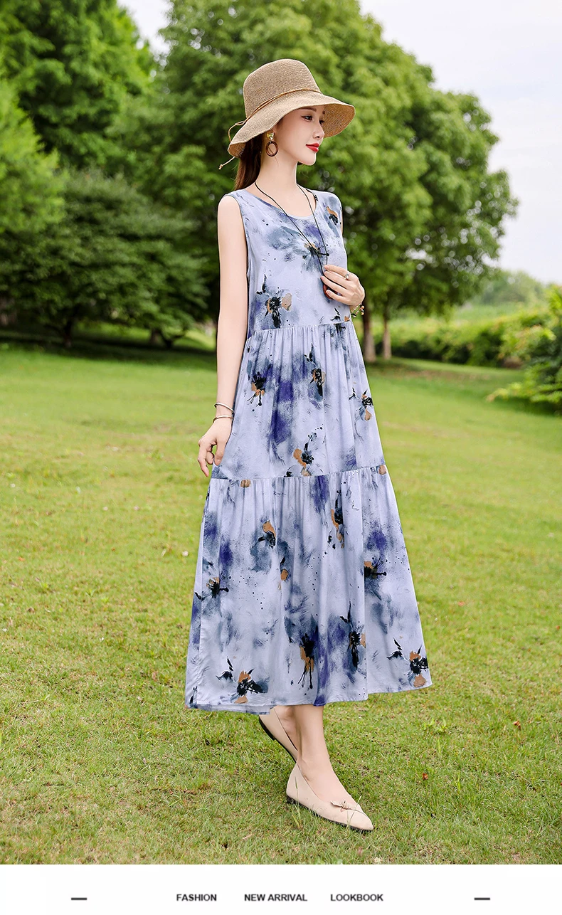 New Fashion Boho Long Dress for Women O-Neck Sleeveless Print Large Beach Long Dress Elegant Women's Dress 2024