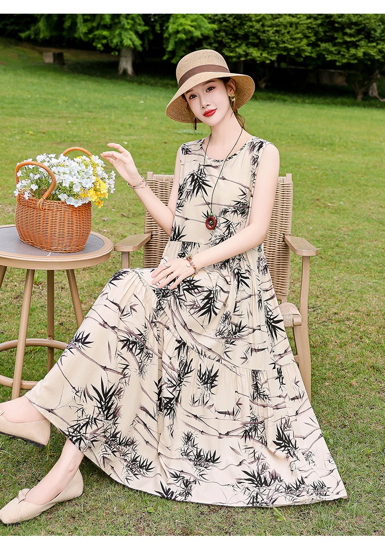 New Fashion Boho Long Dress for Women O-Neck Sleeveless Print Large Beach Long Dress Elegant Women's Dress 2024