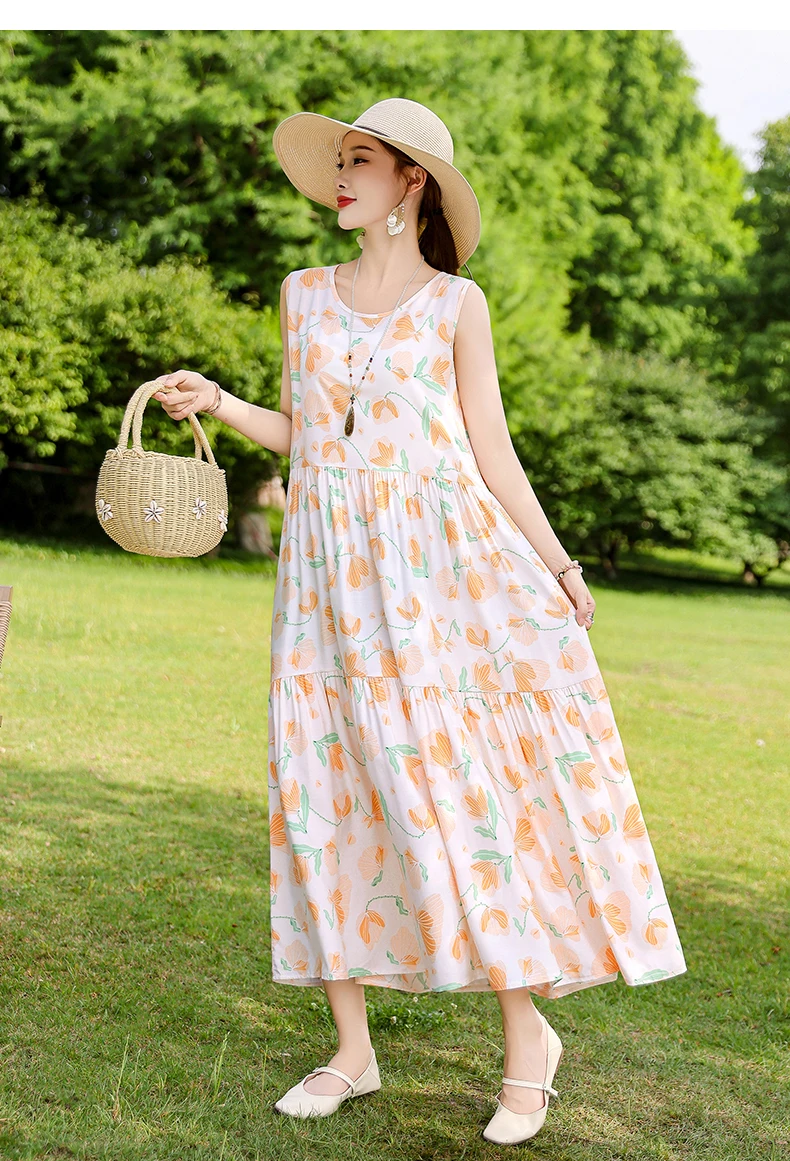 New Fashion Boho Long Dress for Women O-Neck Sleeveless Print Large Beach Long Dress Elegant Women's Dress 2024