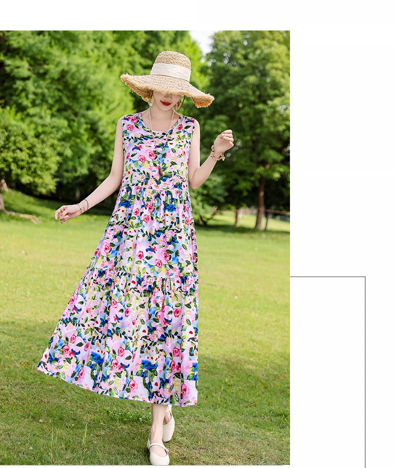 New Fashion Boho Long Dress for Women O-Neck Sleeveless Print Large Beach Long Dress Elegant Women's Dress 2024