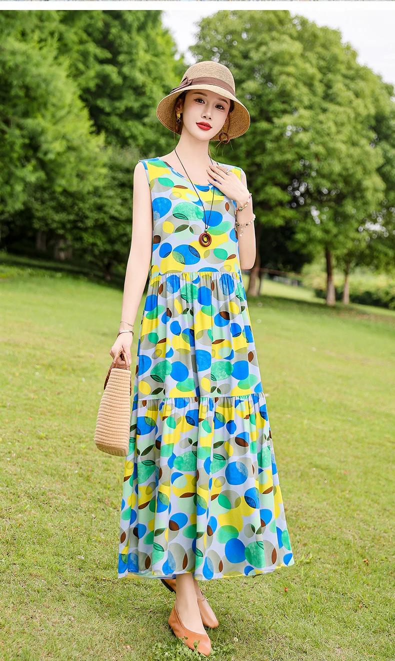 New Fashion Boho Long Dress for Women O-Neck Sleeveless Print Large Beach Long Dress Elegant Women's Dress 2024