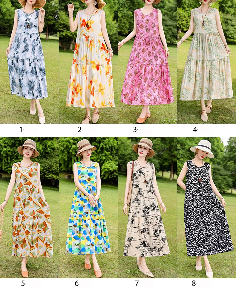 New Fashion Boho Long Dress for Women O-Neck Sleeveless Print Large Beach Long Dress Elegant Women's Dress 2024
