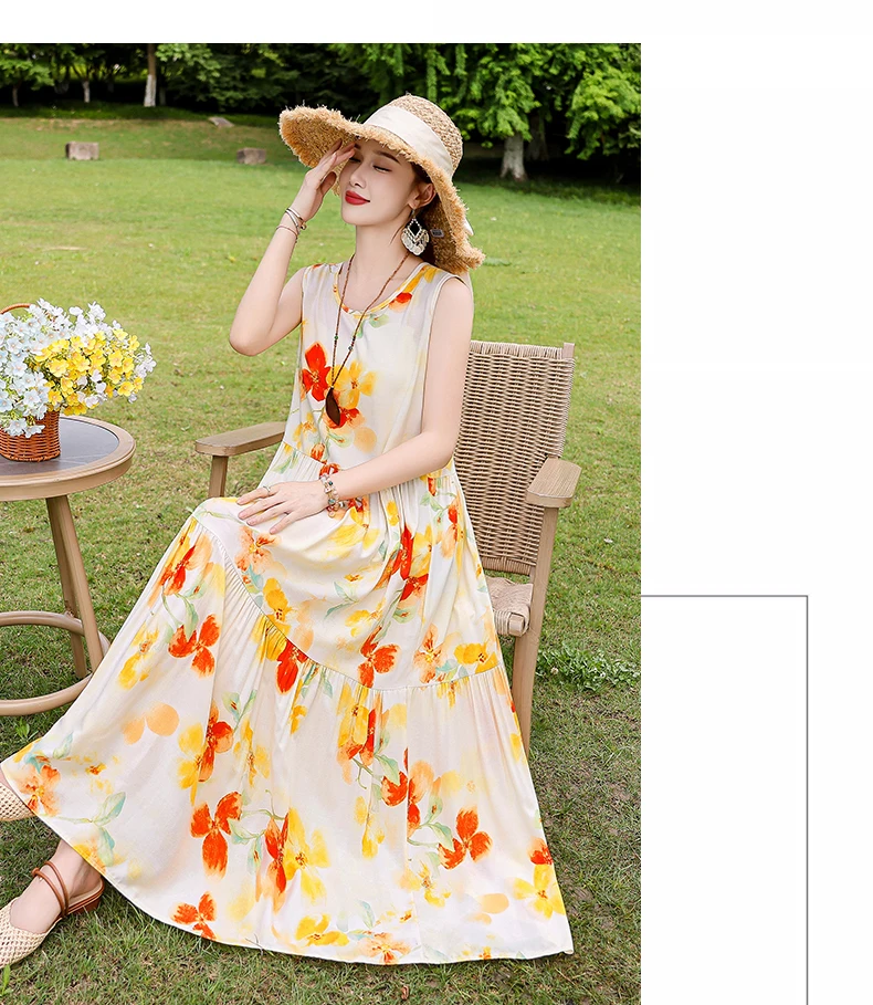 New Fashion Boho Long Dress for Women O-Neck Sleeveless Print Large Beach Long Dress Elegant Women's Dress 2024