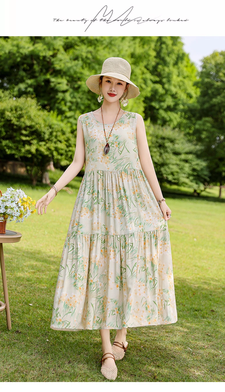 New Fashion Boho Long Dress for Women O-Neck Sleeveless Print Large Beach Long Dress Elegant Women's Dress 2024