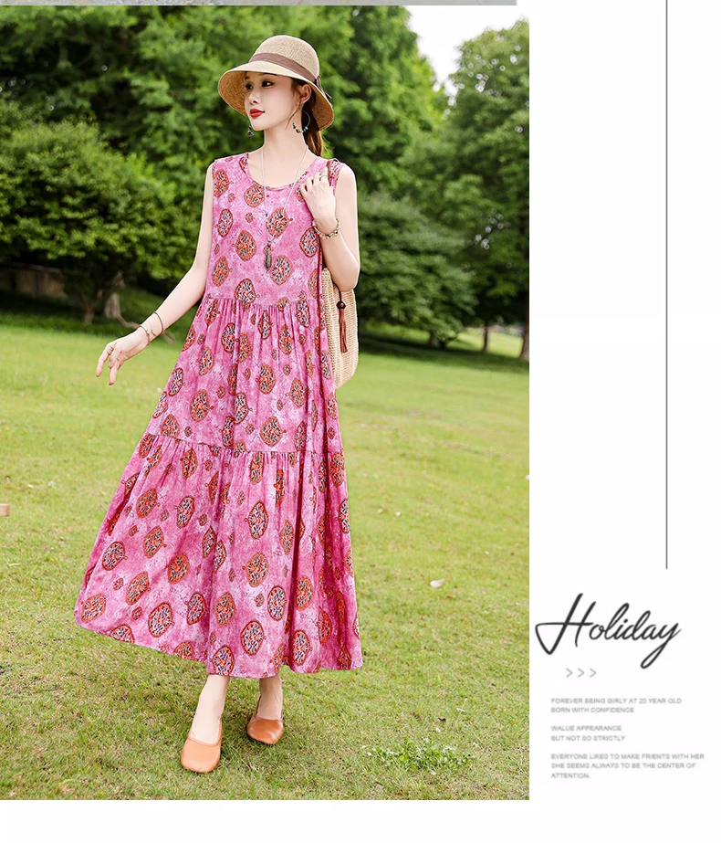 New Fashion Boho Long Dress for Women O-Neck Sleeveless Print Large Beach Long Dress Elegant Women's Dress 2024