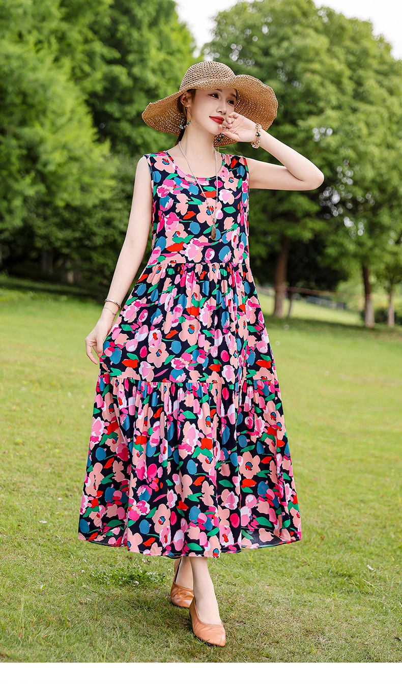 New Fashion Boho Long Dress for Women O-Neck Sleeveless Print Large Beach Long Dress Elegant Women's Dress 2024
