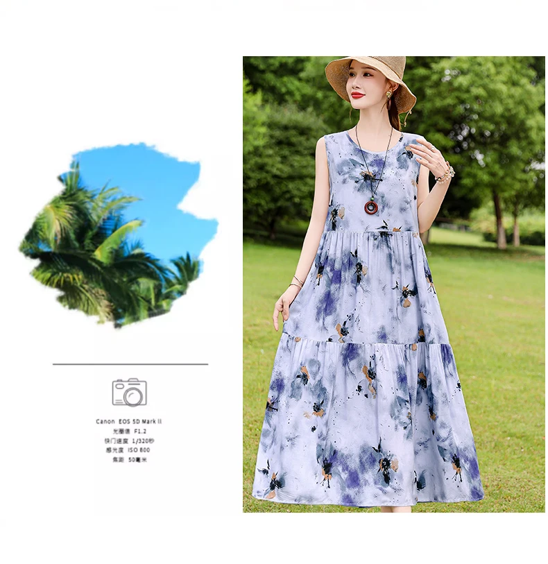 New Fashion Boho Long Dress for Women O-Neck Sleeveless Print Large Beach Long Dress Elegant Women's Dress 2024