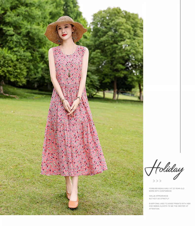 New Fashion Boho Long Dress for Women O-Neck Sleeveless Print Large Beach Long Dress Elegant Women's Dress 2024
