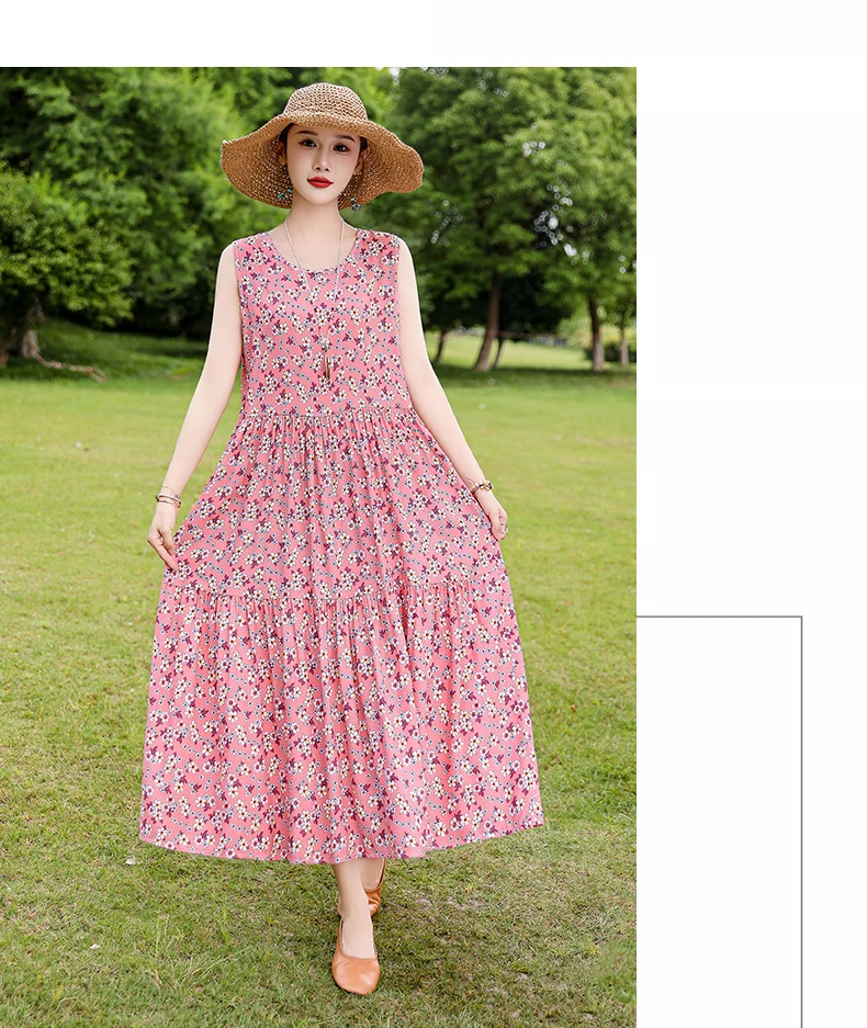 New Fashion Boho Long Dress for Women O-Neck Sleeveless Print Large Beach Long Dress Elegant Women's Dress 2024