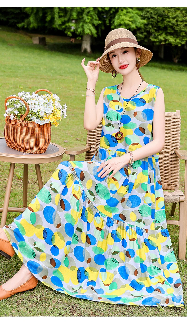 New Fashion Boho Long Dress for Women O-Neck Sleeveless Print Large Beach Long Dress Elegant Women's Dress 2024