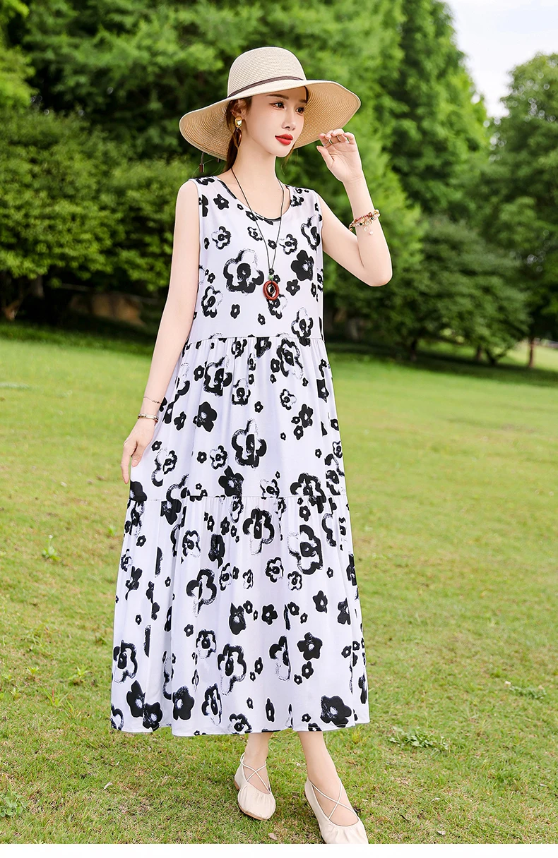 New Fashion Boho Long Dress for Women O-Neck Sleeveless Print Large Beach Long Dress Elegant Women's Dress 2024