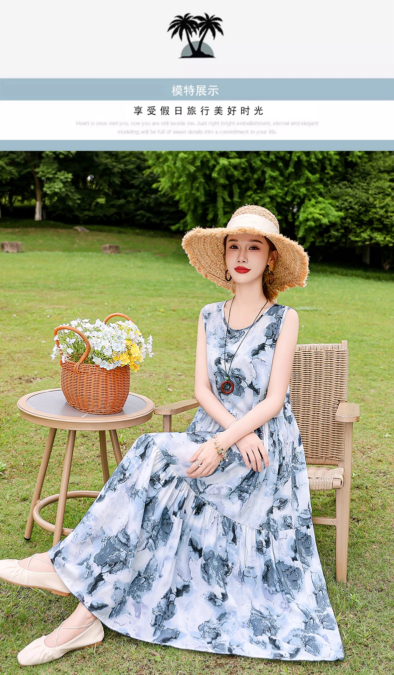 New Fashion Boho Long Dress for Women O-Neck Sleeveless Print Large Beach Long Dress Elegant Women's Dress 2024