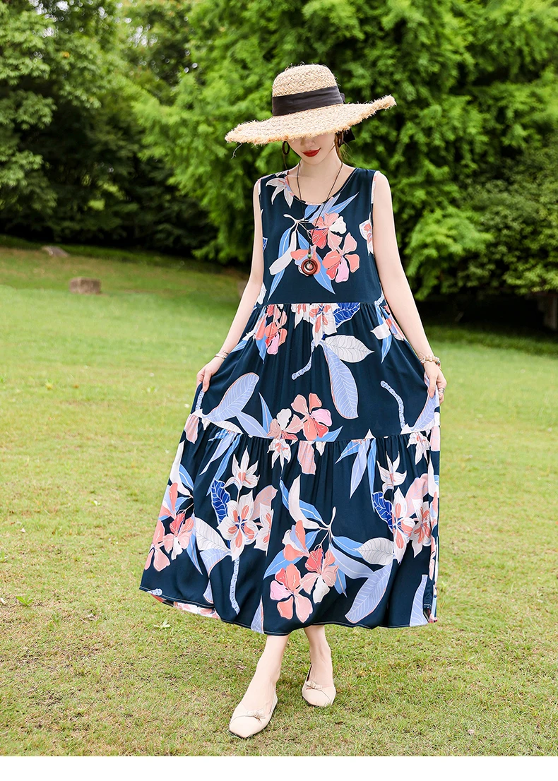 New Fashion Boho Long Dress for Women O-Neck Sleeveless Print Large Beach Long Dress Elegant Women's Dress 2024