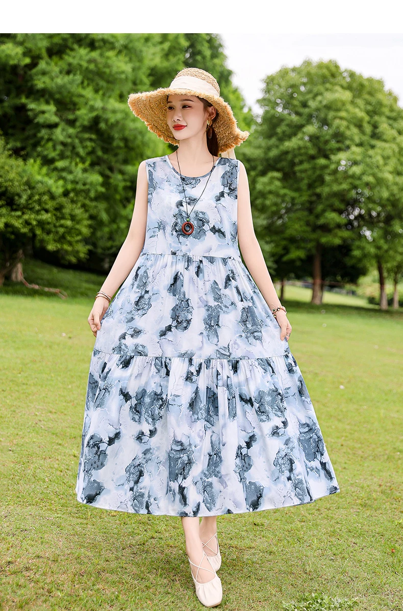 New Fashion Boho Long Dress for Women O-Neck Sleeveless Print Large Beach Long Dress Elegant Women's Dress 2024