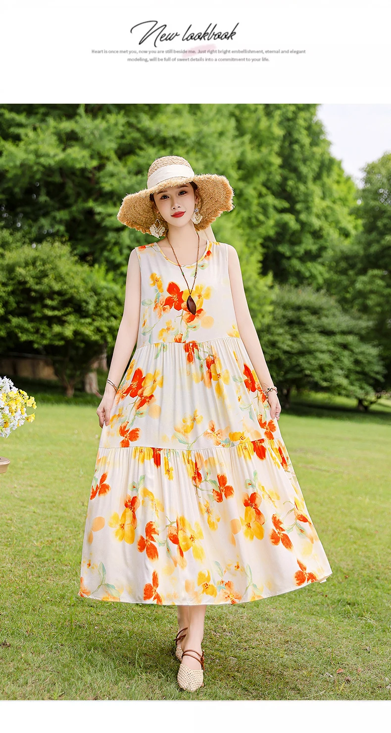 New Fashion Boho Long Dress for Women O-Neck Sleeveless Print Large Beach Long Dress Elegant Women's Dress 2024