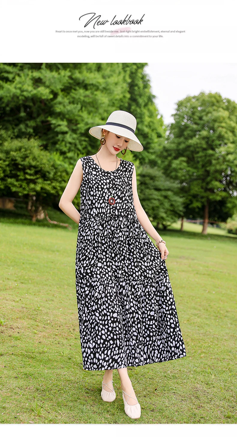 New Fashion Boho Long Dress for Women O-Neck Sleeveless Print Large Beach Long Dress Elegant Women's Dress 2024