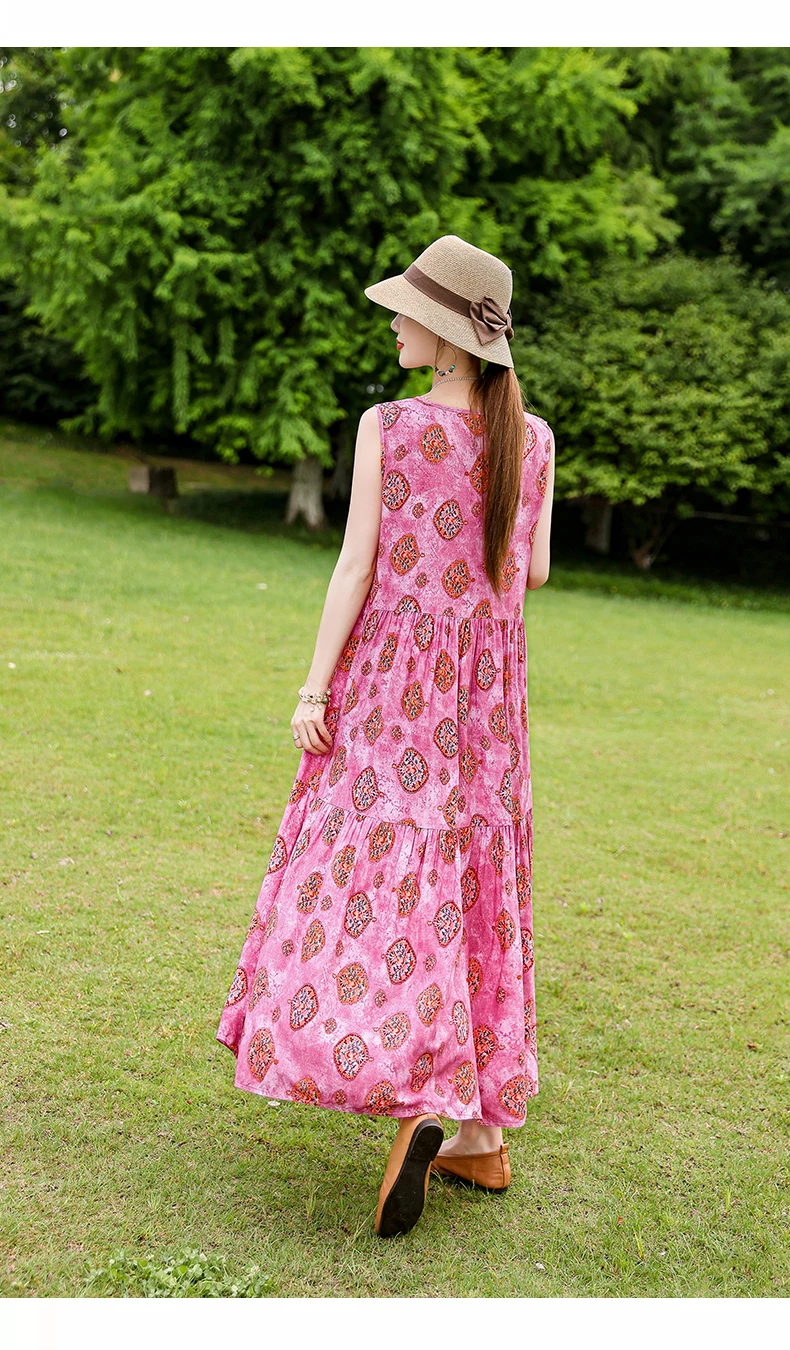 New Fashion Boho Long Dress for Women O-Neck Sleeveless Print Large Beach Long Dress Elegant Women's Dress 2024
