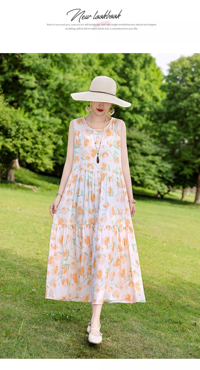New Fashion Boho Long Dress for Women O-Neck Sleeveless Print Large Beach Long Dress Elegant Women's Dress 2024