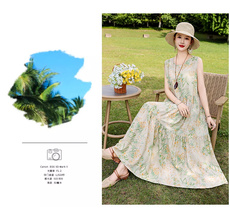 New Fashion Boho Long Dress for Women O-Neck Sleeveless Print Large Beach Long Dress Elegant Women's Dress 2024