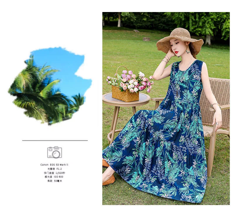 New Fashion Boho Long Dress for Women O-Neck Sleeveless Print Large Beach Long Dress Elegant Women's Dress 2024