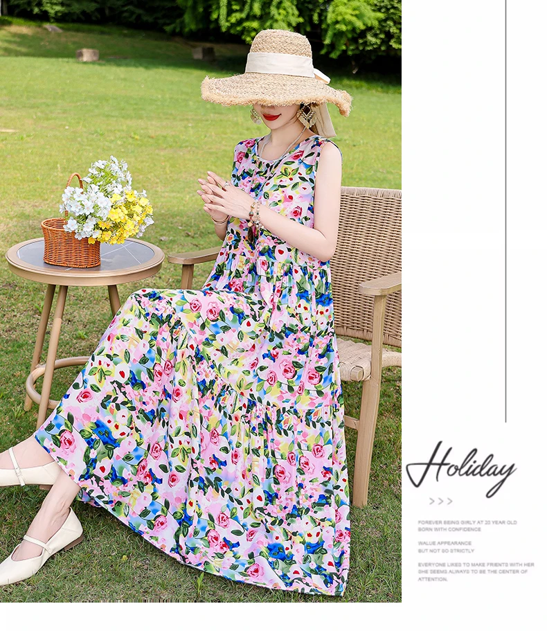 New Fashion Boho Long Dress for Women O-Neck Sleeveless Print Large Beach Long Dress Elegant Women's Dress 2024