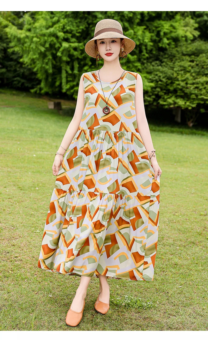 New Fashion Boho Long Dress for Women O-Neck Sleeveless Print Large Beach Long Dress Elegant Women's Dress 2024