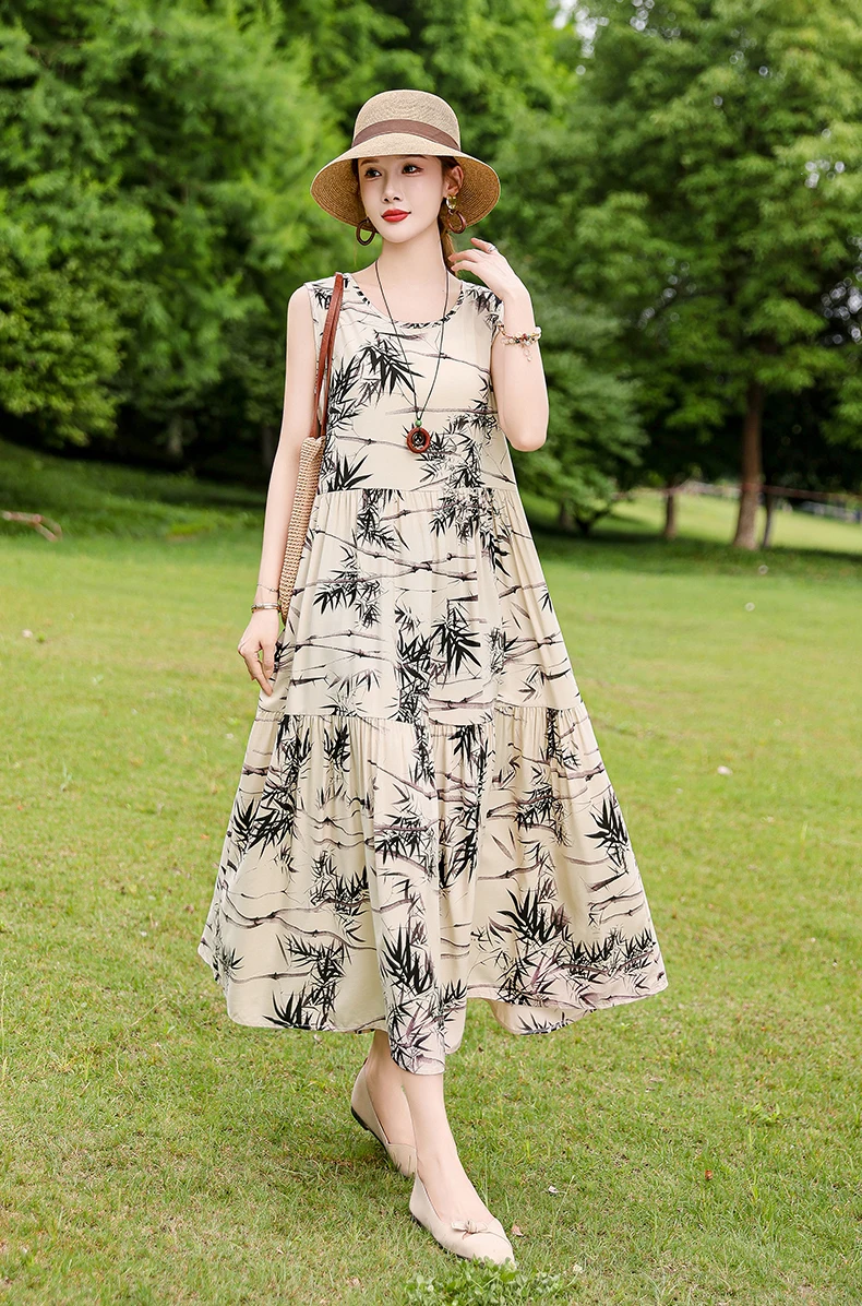 New Fashion Boho Long Dress for Women O-Neck Sleeveless Print Large Beach Long Dress Elegant Women's Dress 2024