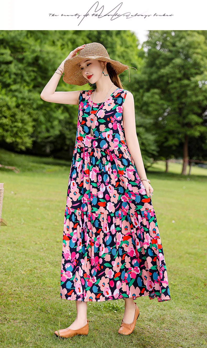 New Fashion Boho Long Dress for Women O-Neck Sleeveless Print Large Beach Long Dress Elegant Women's Dress 2024
