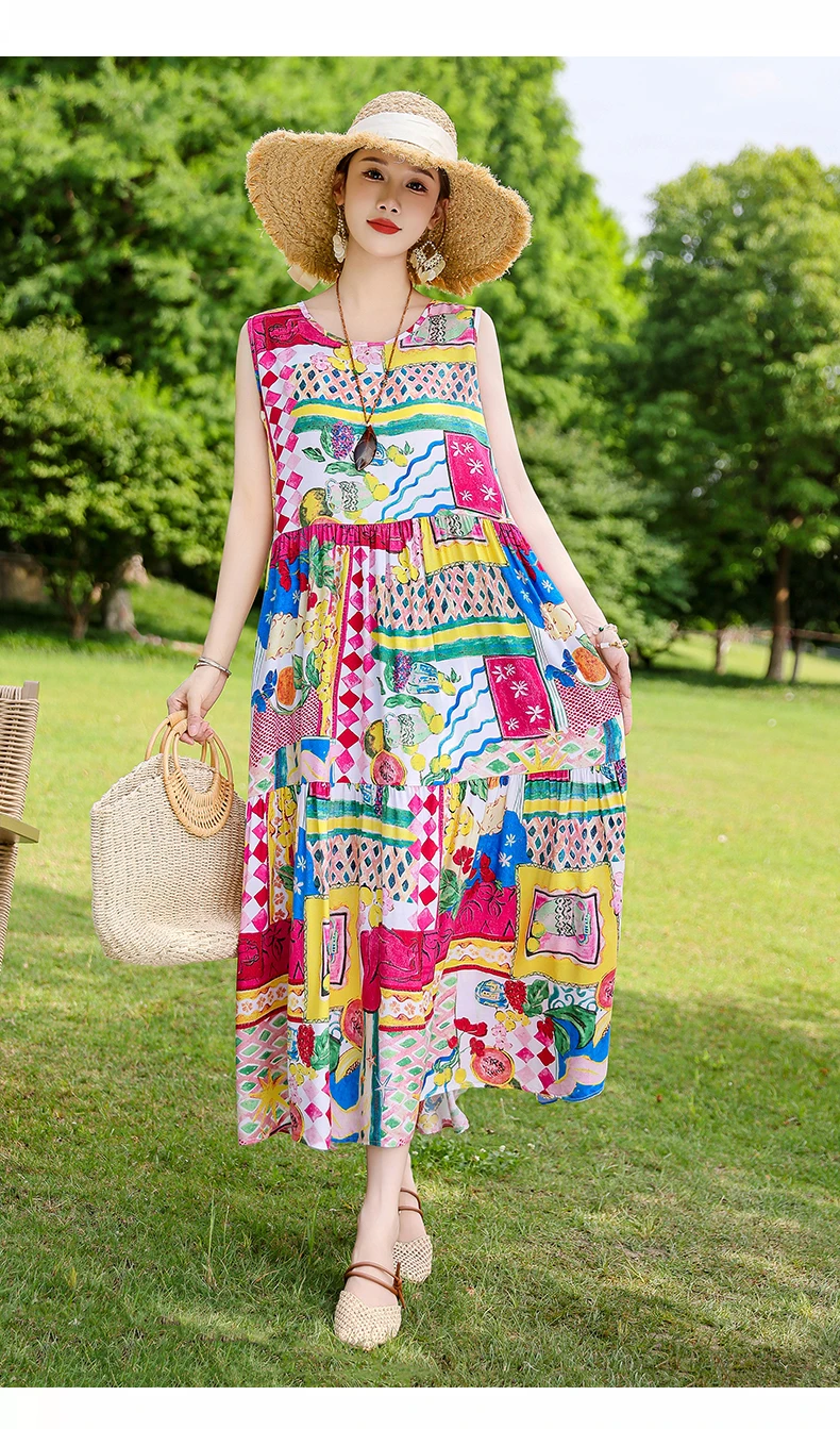 New Fashion Boho Long Dress for Women O-Neck Sleeveless Print Large Beach Long Dress Elegant Women's Dress 2024