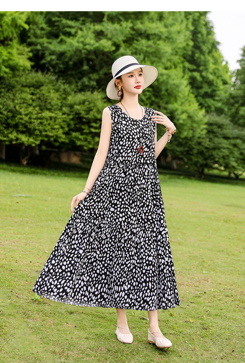 New Fashion Boho Long Dress for Women O-Neck Sleeveless Print Large Beach Long Dress Elegant Women's Dress 2024