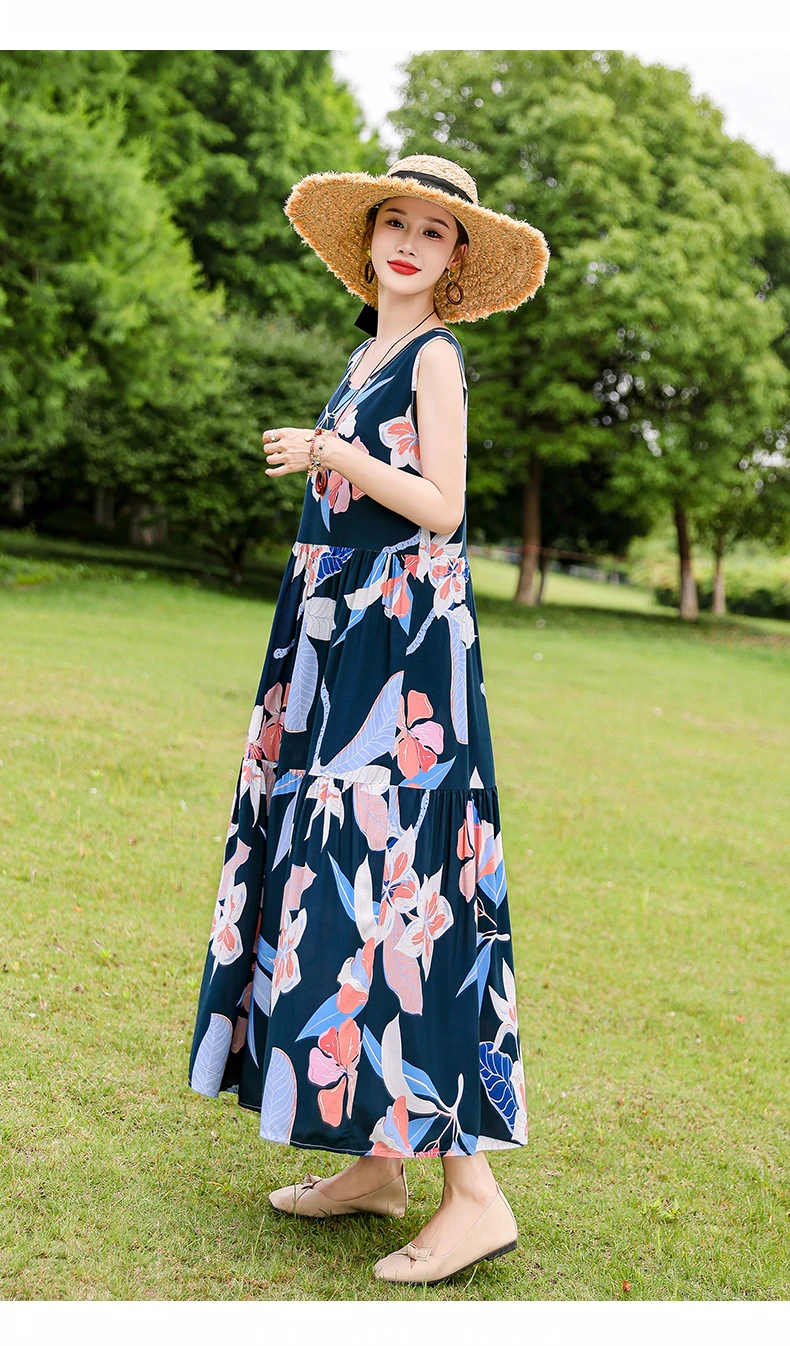 New Fashion Boho Long Dress for Women O-Neck Sleeveless Print Large Beach Long Dress Elegant Women's Dress 2024