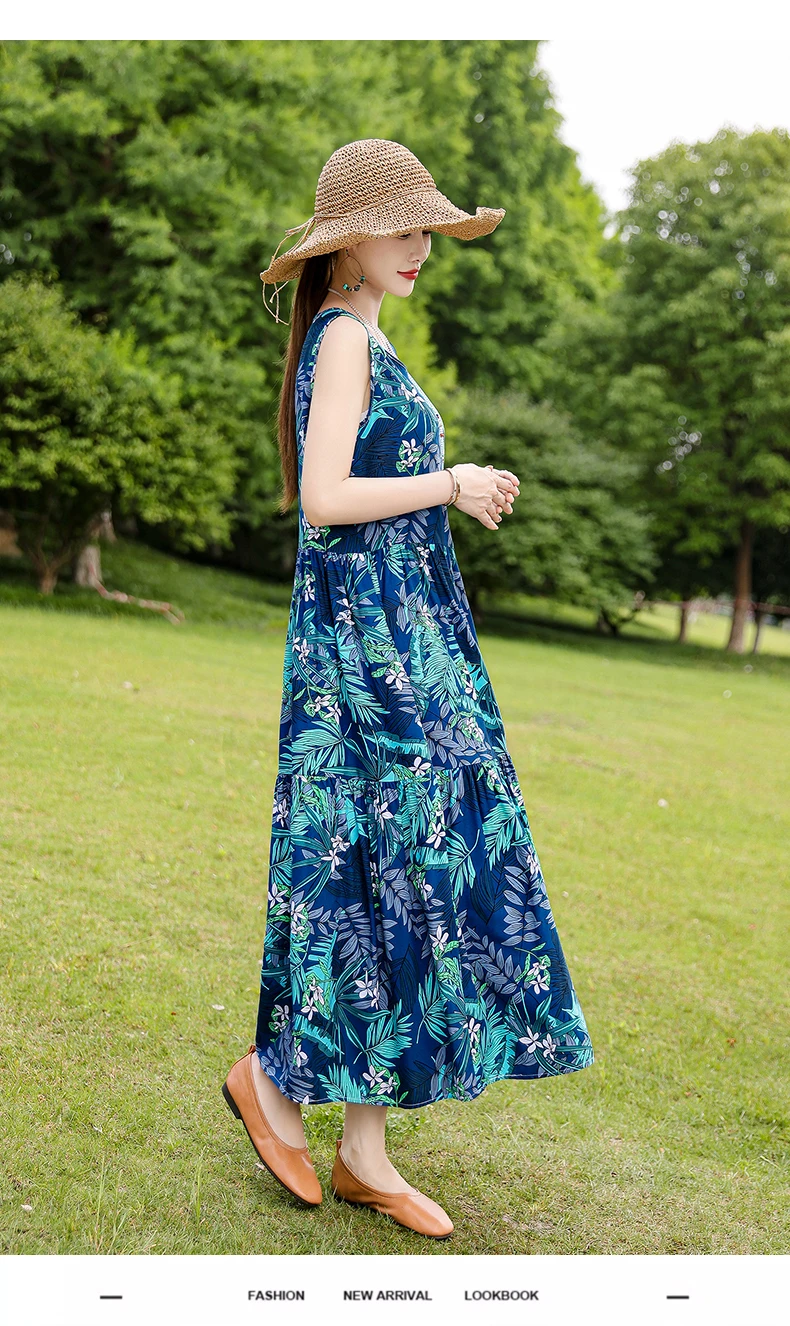 New Fashion Boho Long Dress for Women O-Neck Sleeveless Print Large Beach Long Dress Elegant Women's Dress 2024