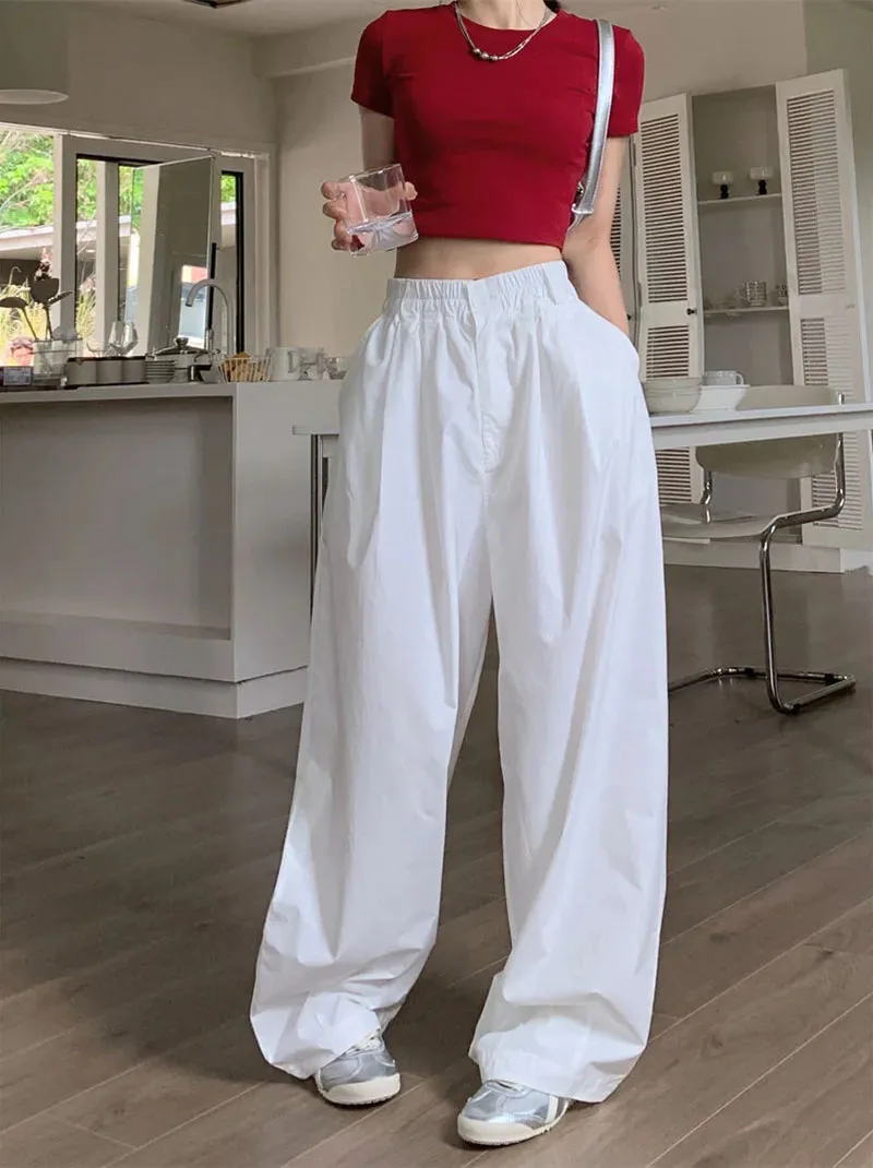 Zoki Y2K White Hip Hop Wide Leg Pants Women Autumn High Waist Korean Oversized Cargo Trousers Loose Chic All Match Streetwear