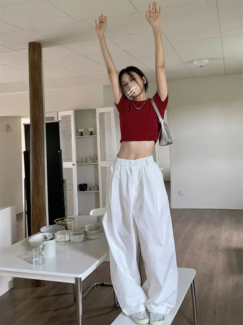 Zoki Y2K White Hip Hop Wide Leg Pants Women Autumn High Waist Korean Oversized Cargo Trousers Loose Chic All Match Streetwear