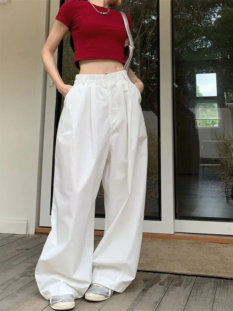 Zoki Y2K White Hip Hop Wide Leg Pants Women Autumn High Waist Korean Oversized Cargo Trousers Loose Chic All Match Streetwear