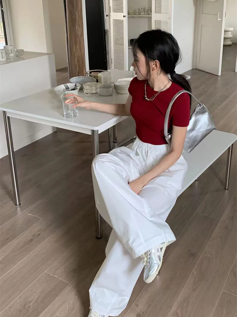 Zoki Y2K White Hip Hop Wide Leg Pants Women Autumn High Waist Korean Oversized Cargo Trousers Loose Chic All Match Streetwear