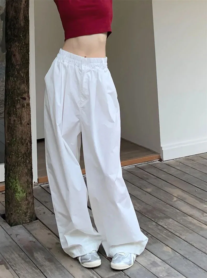 Zoki Y2K White Hip Hop Wide Leg Pants Women Autumn High Waist Korean Oversized Cargo Trousers Loose Chic All Match Streetwear