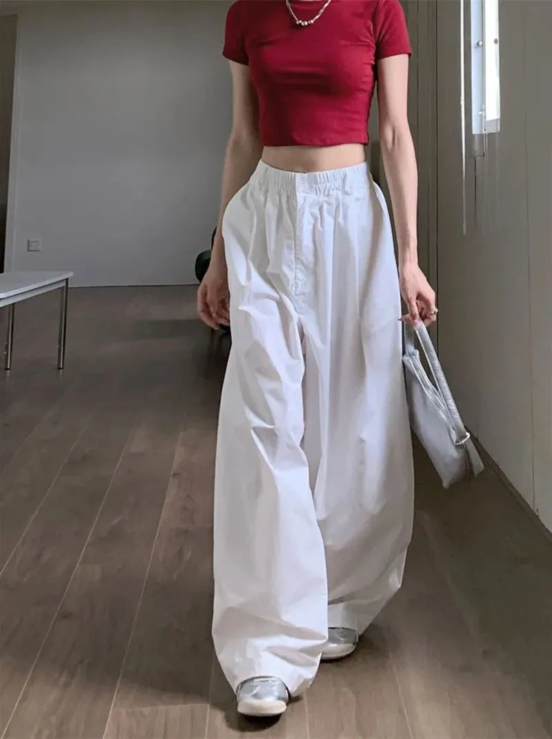Zoki Y2K White Hip Hop Wide Leg Pants Women Autumn High Waist Korean Oversized Cargo Trousers Loose Chic All Match Streetwear