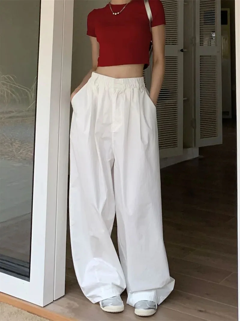 Zoki Y2K White Hip Hop Wide Leg Pants Women Autumn High Waist Korean Oversized Cargo Trousers Loose Chic All Match Streetwear