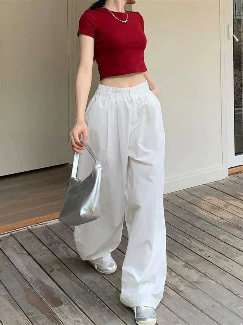 Zoki Y2K White Hip Hop Wide Leg Pants Women Autumn High Waist Korean Oversized Cargo Trousers Loose Chic All Match Streetwear