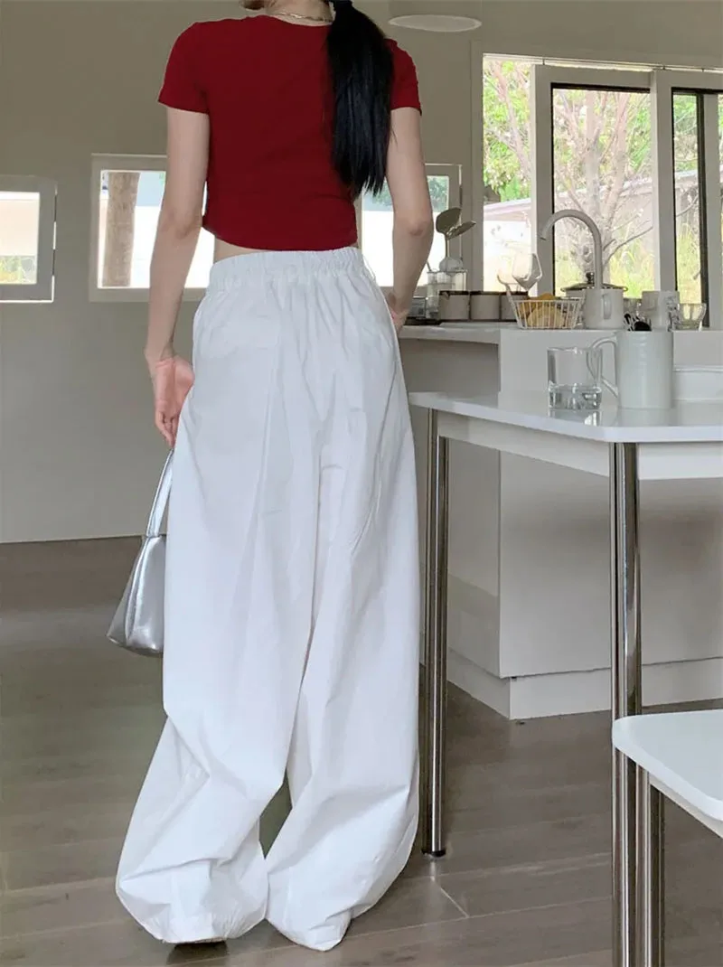 Zoki Y2K White Hip Hop Wide Leg Pants Women Autumn High Waist Korean Oversized Cargo Trousers Loose Chic All Match Streetwear
